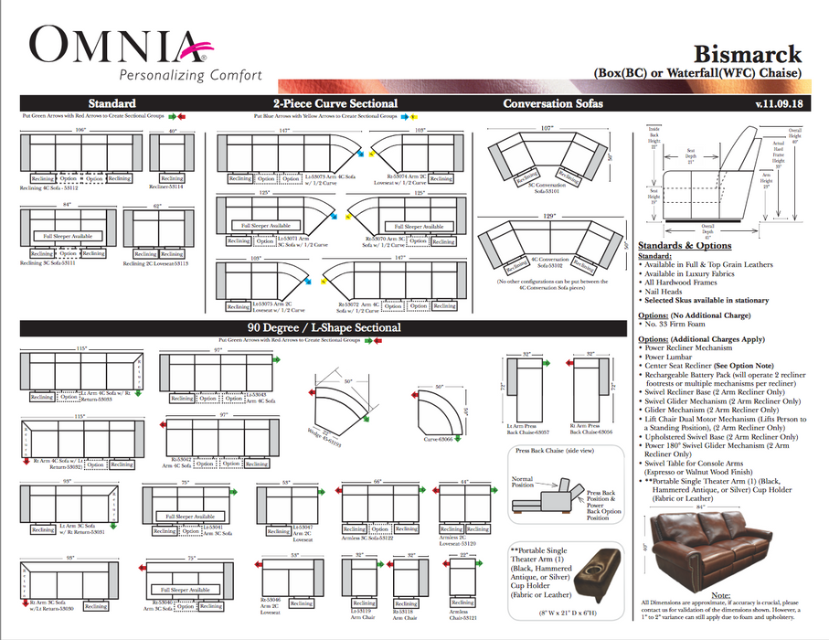 Omnia Bismarck leather sofa and sectional configurations schematic sheet, page 1