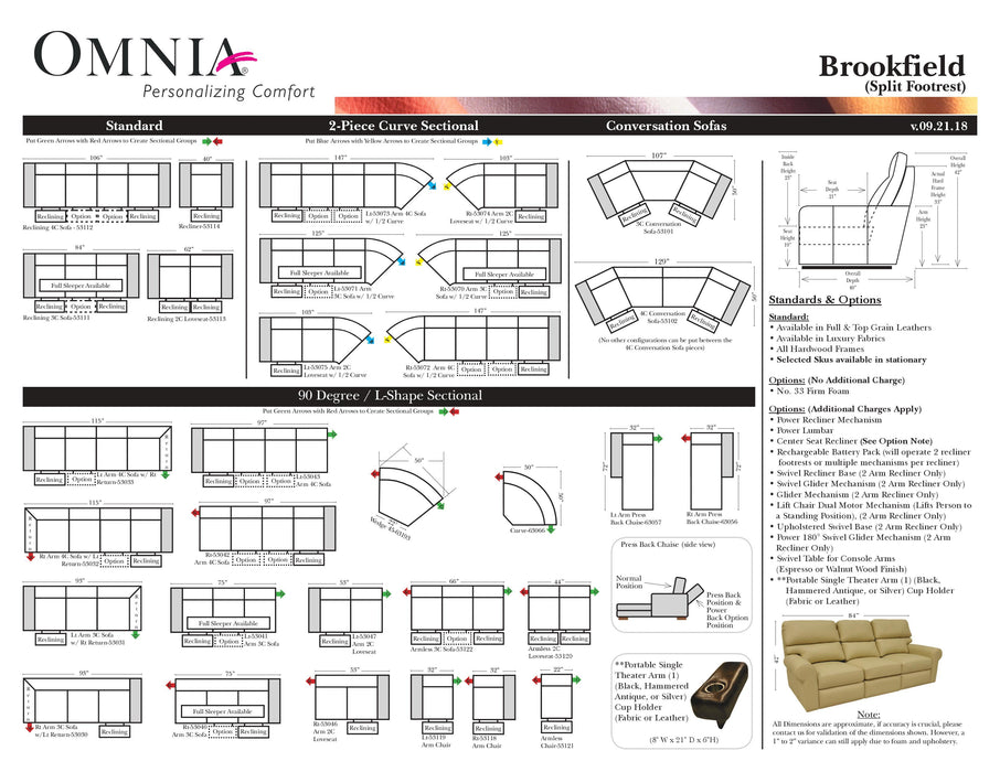 Omnia Brookfield leather sofa and sectional configurations schematic sheet, page 1