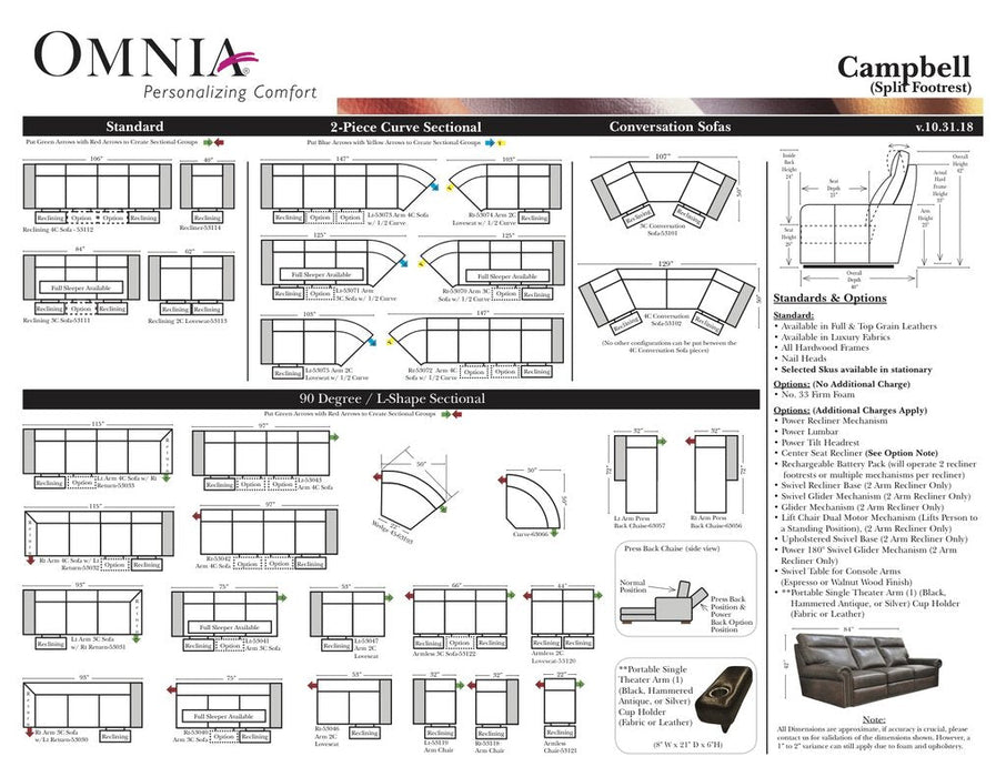Omnia Campbell leather sofa and sectional configurations schematic sheet, page 1