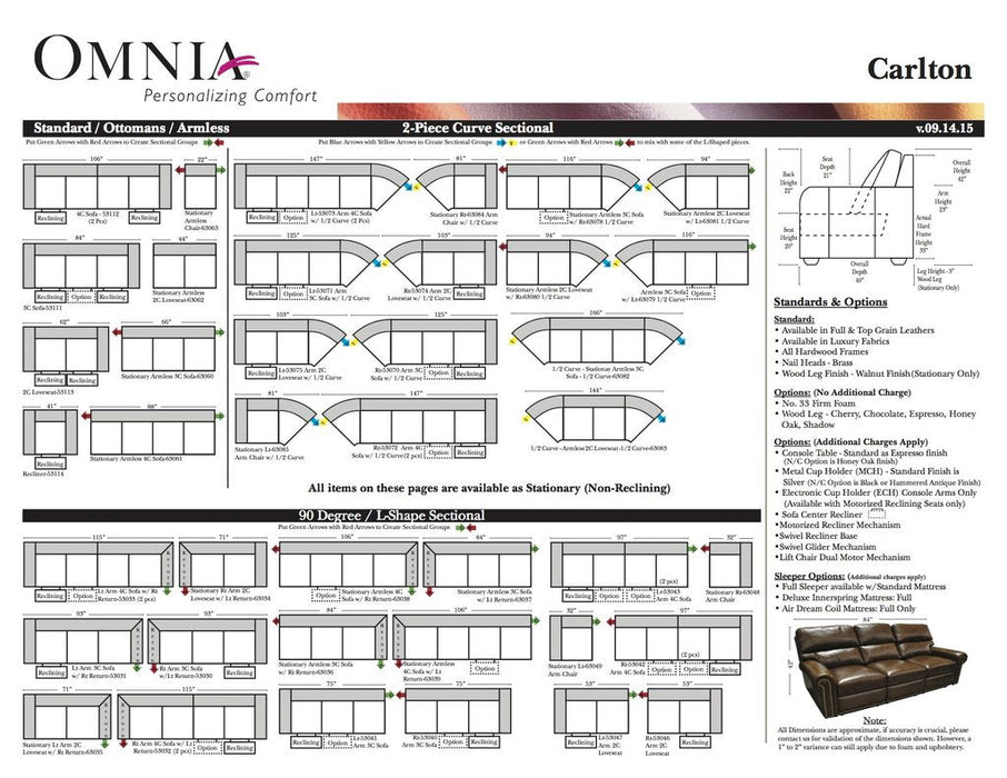 Omnia Carlton leather sofa and sectional configurations schematic sheet, page 1