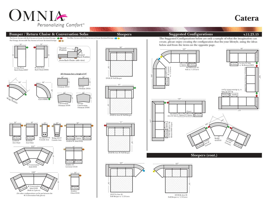 Omnia Catera leather sofa and sectional configurations schematic sheet