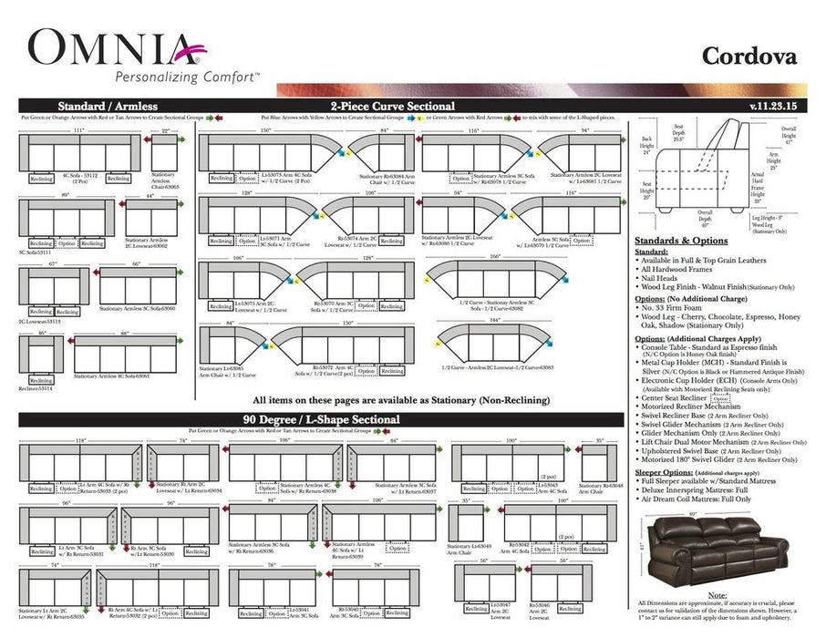 Omnia Cordova leather sofa and sectional configurations schematic sheet, page 1