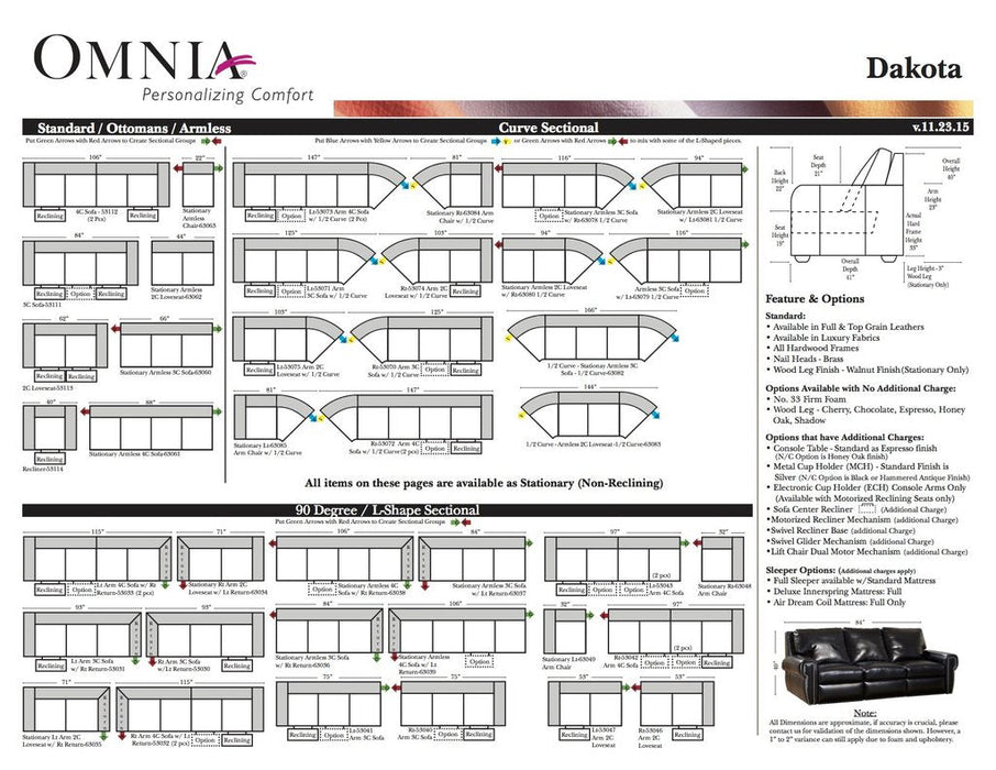 Omnia Dakota leather sofa and sectional configurations schematic sheet, page 1
