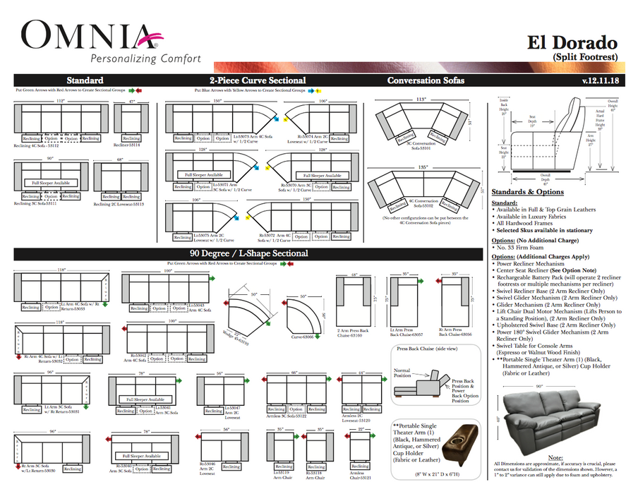 Omnia El Dorado leather sofa and sectional configurations schematic sheet, page 1