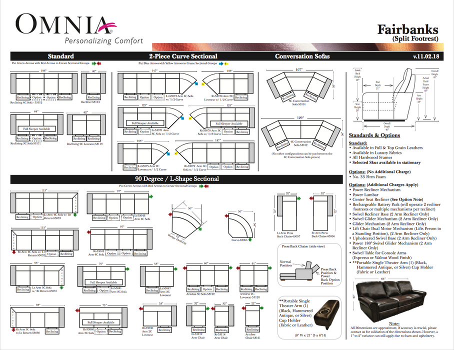 Omnia Fairbanks leather sofa and sectional configurations schematic sheet, page 1
