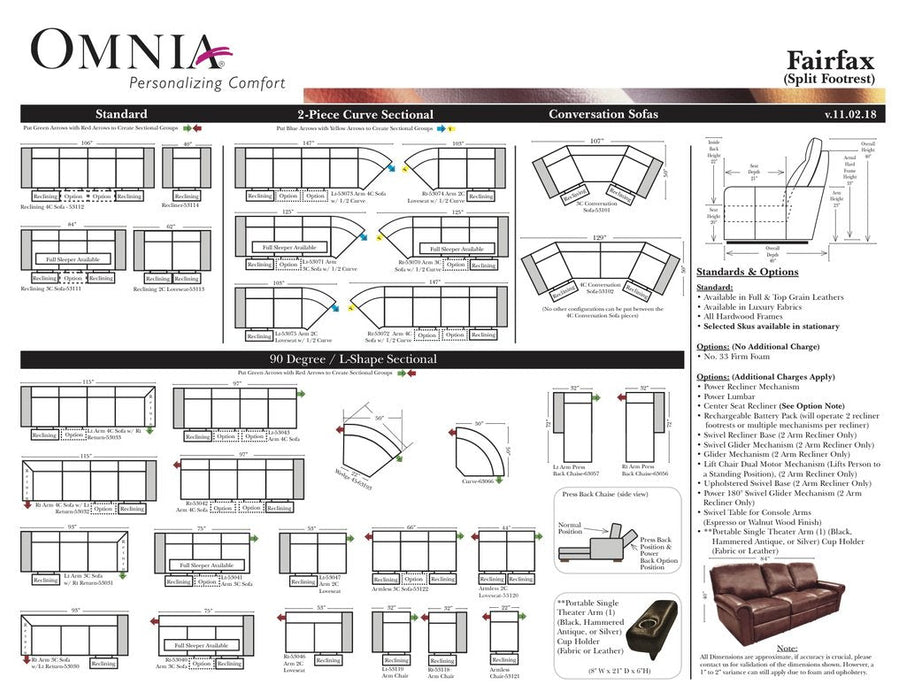 Omnia Fairfax leather sofa and sectional configurations schematic sheet, page 1