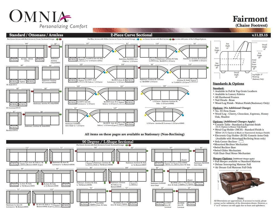 Omnia Fairmont leather sofa and sectional configurations schematic sheet, page 1
