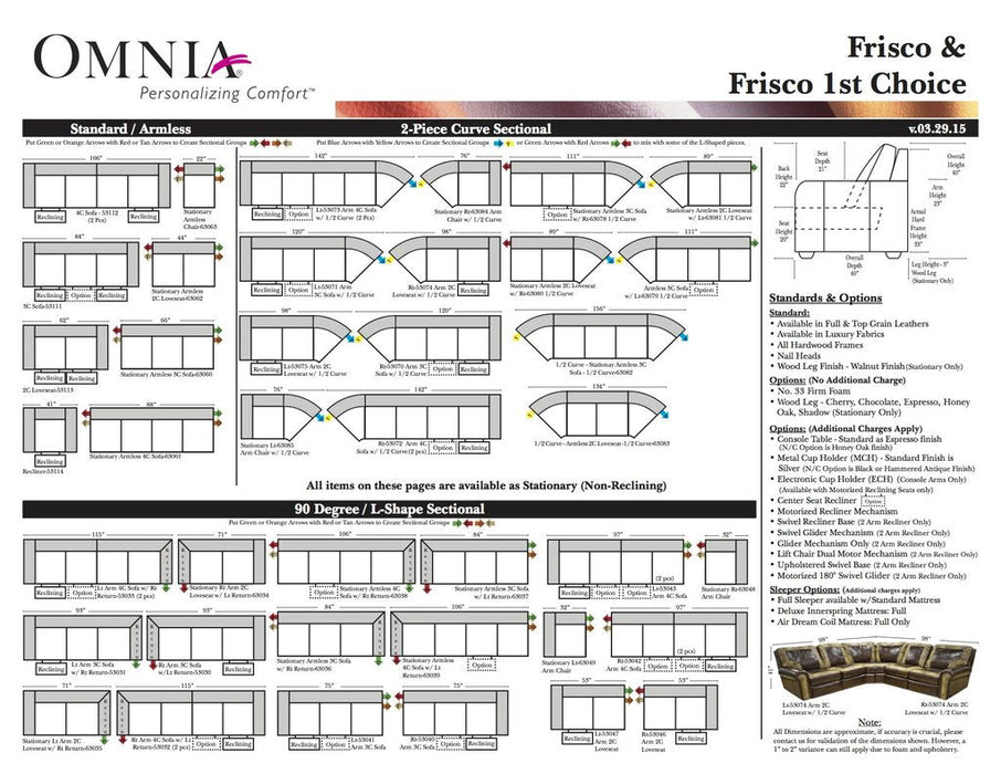Omnia Frisco leather sofa and sectional configurations schematic sheet, page 1