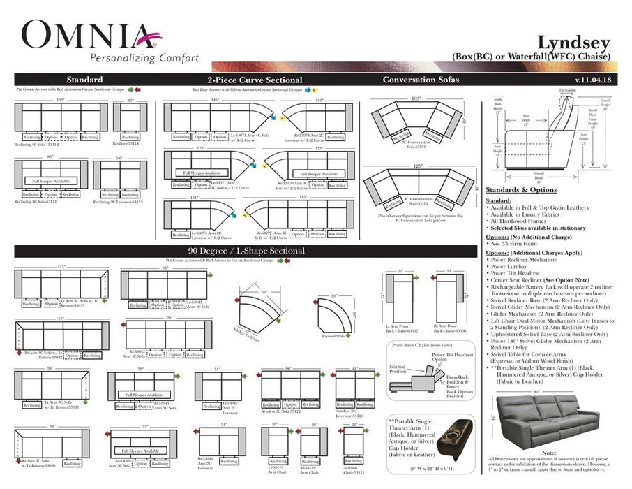 Omnia Lyndsey leather sofa and sectional configurations schematic sheet, page 1