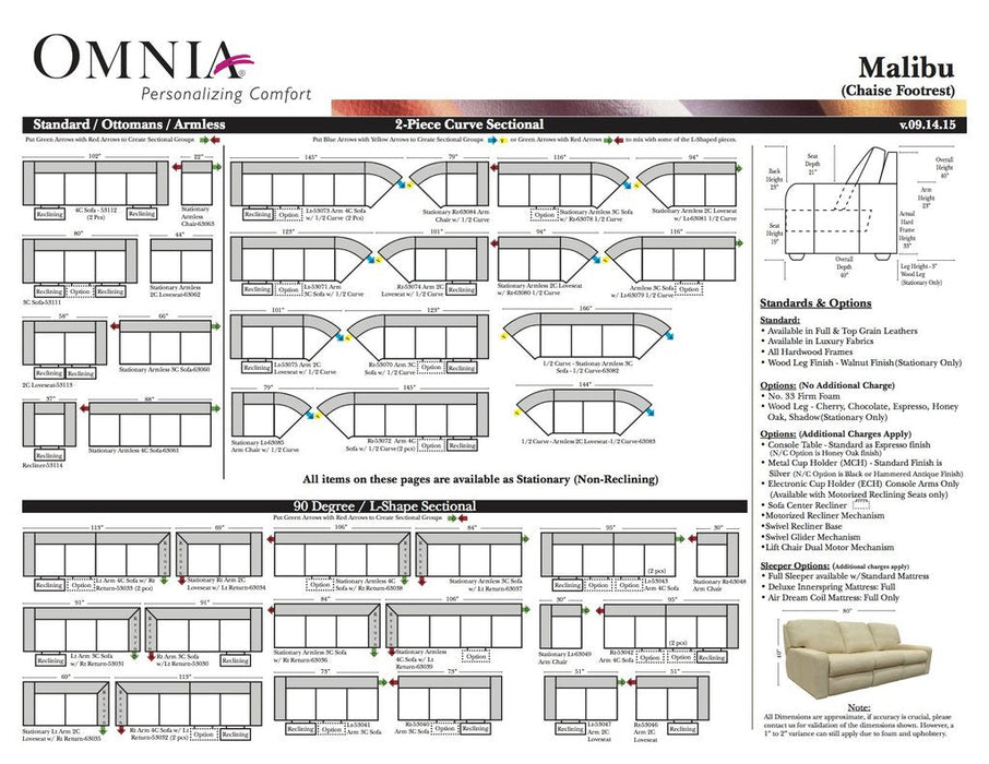 Omnia Malibu leather sofa and sectional configurations schematic sheet, page 1