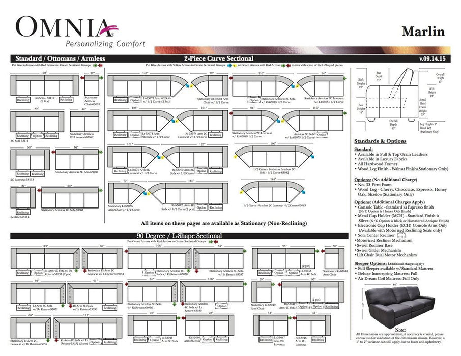 Omnia Marlin leather sofa and sectional configurations schematic sheet, page 1