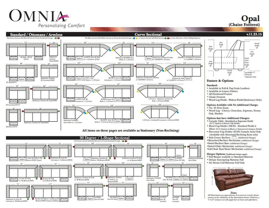 Omnia Opal leather sofa and sectional configurations schematic sheet, page 1