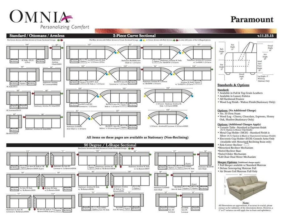 Omnia Paramount leather sofa and sectional configurations schematic sheet, page 1