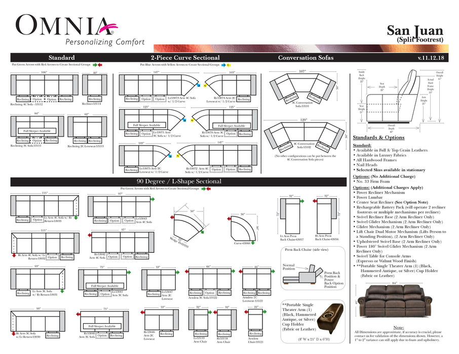 Omnia San Juan leather sofa and sectional configurations schematic sheet, page 1