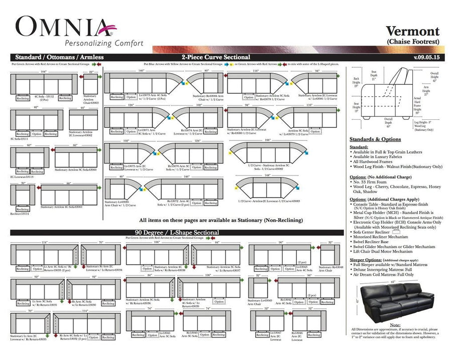 Omnia Vermont leather sofa and sectional configurations schematic sheet, page 1